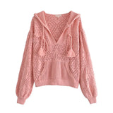 Vintage Fashion Solid Hollow Out Embroidery Hooded Sweaters Women Pullovers Ruffles Knitted Harem Pants