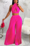 Spring Summer Two Piece Pant Suits Sexy Off The Shoulder Backless Crop Top and High Waist Pleated Wide Leg Long Trouser