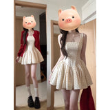 Lazy Temperament Red Knitted Cardigan French Wave Dot Square Slings To Collect Waist Thin A Word