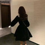 Dress for Women Chic Peter Pan Collar Vintage Vestidos De Mujer Slim Waist Ruffles Velvet Korean Dresses Temperament