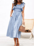 Graduation party Vintage striped women dresses long dress Ruffle sleeve linen elegant dresses Casual ruched fashion female vestidos