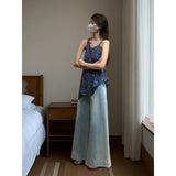Blue Floral Sling Skirt Top Woman 2025 Summer Design Sense Niche Wearing Broad-Legged Pants Two