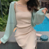 Long-sleeved Women Knitted Cardigan 2 Piece Set Sleeveless Backless Dress Elegant Crop Top Sweater Suits Fall