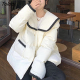 Korean Patchwork Loose Parka Coat Women 2023 Winter Navy Lapel Long Sleeve Jackets Woman Button Up Cotton Padded