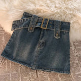 Vintage Denim Mini Skirts Women Summer Sexy Solid Belt Jeans Skirts Female Casual Ball Gown Korean Slim A Line