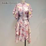 TWOTWINSTYLE Print Hit Color Women's Dress Stand Collar Flare Sleeve High Waist Asymmetrical Dresses Female 2021 Fashion
