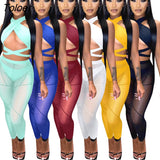 3 Pieces Set Bandage Lace Up Halter Crop Top Sheer Mesh Pants set Party Night Club Outfits Streetwear See Through