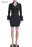 Fashion Women's Bodycon Party Dress Classic Nothced Collar Ruffle Long Sleeve Dresses Simple Button Decoretion
