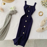 2020 Summer Pink/Red/White/Black Women Knitted Dress Vintage High Waist Button Single-breasted Slim Casual Dress For Female