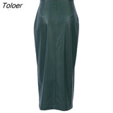 Sexy Split PU Skirts Women High Waist Solid Mid-Calf Skirt Slim Street Trendy Zipper Spring Leather Skirts Female
