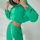 Loose Fleece Women's Pants Tracksuit Cropped Hooded Top And Drawstring High Waist Joggers Ladies Sports Suit 2022