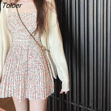Women Casual Sweet Cardigan Bandage Pleated Mini Floral Dresses Sleeveless Design Elegant Spring Retro Ladies Chic
