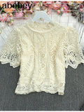 New Summer Temperament All-match stand collar flared sleeve Shirt hollow out Lace Waist slim short Shirt