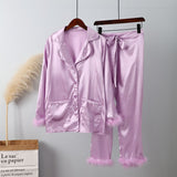 Wear Women Soft Feather Home Suit Button Up Top Slim Pants Two Piece Set 2022 Casual Pajama Elegant Lady Homewear