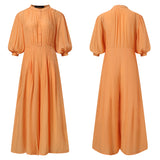 Elegant Long Jumpsuits Women 3/4 Sleeve Vintage High Waist Wide Leg Rompers Casual Pleated Party Overalls Loose Pants No