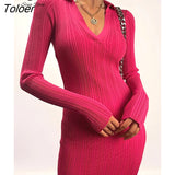 Women Korean Knitted Dress Long Sleeve V Neck Elastic Slim Pencil Dresses 2021 Autumn Sexy Bodycon Split Sweater