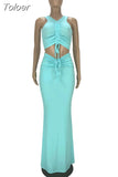 Orange Ruched Drawstring Sleeveless Tank Top and High Waist Mermaid Maxi Skirt for Women Elegant Body-shaped Two Pcs