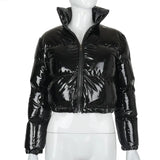 Sisterlinda Faux PU Leather Y2K Bubble Puffer Winter Warm Jacket Women Coats Long Sleeve Outerwear Zipper Casual Slim