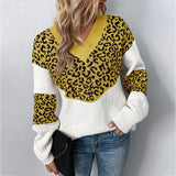 New Autumn Casual Woman Oversized Sweaters Winter Long Sleeve Knitted Jumper Sweater Women V-neck Leopard Print