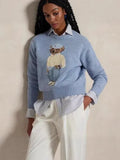 New Women's Bear Embroidered Retro Body Sweater College Style Knitted Shirt