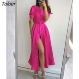 Rose Red Robe Office Summer O-Neck Lantern Sleeve Pearls Button Midi Dress Elegant Party A-Line Fit Flare Dress Women