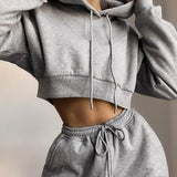 two piece set with hood solid color short tops and long pants loose 2 piece set women fashion sexy sport female