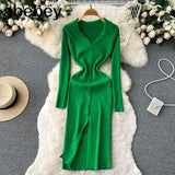 Sexy Split Knitted Dress Lapel V Neck Long Sleeve Button Bodycon Sweater Dress Women Streetwear Midi Long