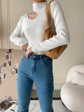 Women Black Cut-out High Elastic Knitting Brief T-shirt New Turtleneck Long Sleeve Fashion Tide Spring Autumn 2023