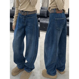 Dark Blue Broad-Legged Scissors Jeans Women's Autumn And Winter High Waist Plus Plus Thick Loose Drag Long