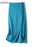 Spring Summer Silk Satin Women's Skirts Fashion Forked Slim Elegant Casual Design Aesthetic High Waist Midi Skirt