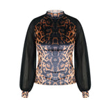 Women Elegant Leopard Mesh Long Sleeve Casual