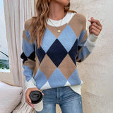 Autumn Women Color Block Knitted Sweater Casual Argyle Print Long Sleeve O-neck Knitwear Blue Brown Winter Pullovers