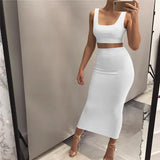 Women Unicolor Tank Top And Maxi Skirt Two Piece Set Sleeveless Summer Square Collar Co-Ord Leisure