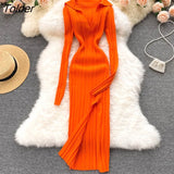 Women Korean Knitted Dress Long Sleeve V Neck Elastic Slim Pencil Dresses 2021 Autumn Sexy Bodycon Split Sweater