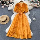 Quality French Lace Dress Women Elegant Short Sleeve Hollow A-line Dresses Summer Fashion Streetwear Maxi Long