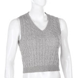 Argyle Knit Tank Top Female Streetwear Preppy Style Y2K Clothing Vneck Cropped Shirt 90s