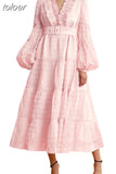 Elegant Long Dresses For Women V Neck Puff Long Sleeve Patchwork Lace Temperament Maxi Female 2023 Spring Fashion