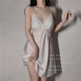 Sexy Lace short Pajama Dress women Satin short dress ladies V neck dress White mini dress Summer vestidos dress