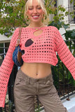 Out Cropped Knit Smock Top Women Flare Sleeve Y2K Clothes Fairy Grunge Loose Distressed Crochet Pullovers Sweater