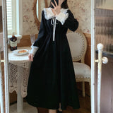 Dress Women Sweet Lace Peter Pan Collar French Elegant Long Sleeve Lace-Up Fairy One Piece Dress Korean 2021 Autumn