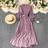 Vintage Women Pleated Long Dress Female Elegant Lantern Long Sleeve High Waist Red/Purple Draped Maxi Vestidos Spring Autumn