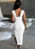 Vintage Off-the-shoulder Short Sleeves Solid Ruched Slit Pencil Midi