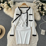 2022 Autumn OL Knitted Sets Pocket Long Sleeve Cardigan+ Midi Long Tank Top Knit Dress Ladies Sweater Two Pieces