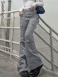 Gray Casual Stitched Pocket Cargo Pants Women Low Waist Vintage Streetwear Jeans Korean Fashion Straight Denim