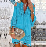 tassel boho dress women v Neck seven sleeve loose short dresses femme holiday bohemian chic dress plus size