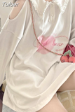 Kawaii White Hoodies Women Japanese Cute Heart Print Off-shoulder Long Sleeve Sweatshirt Soft Girl Korean Fashion