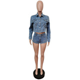 Two Piece Set Blue Denim Jacket and Shorts Streetwear Fall Outfits Fashion Women 2023 Matching Sets