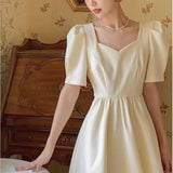 Summer Solid Vintage Dress Women Short-sleeved Backless Elegant Cute Kawaii Dresses Sexy Ladies Party Holiday Green