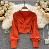 New Spring Shirts Women Elegant Vintage Solid Long Sleeves Slim Tops Fashion Button Sexy Streetwear Short