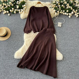 Windy Woman Languid Languid Breeze With Long-Sleeved Knitted Shirt + High Waist Swing Sweater Half-Dress